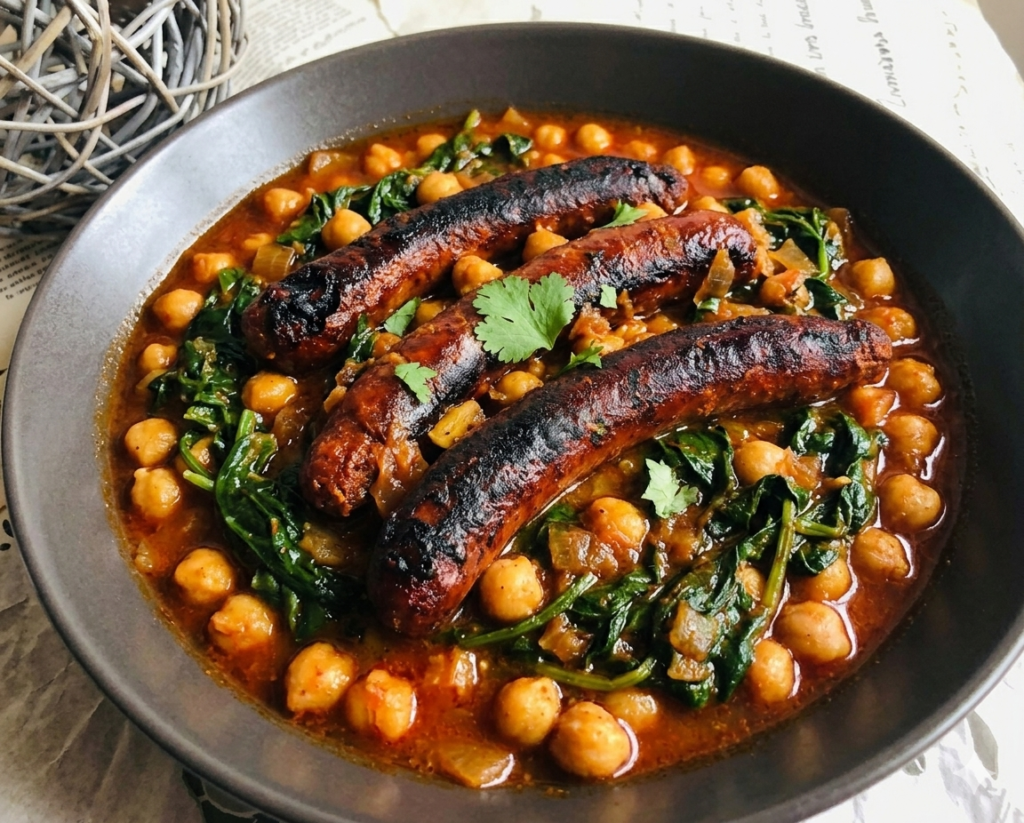 Recette de repas complet à l'air fryer : Merguez, pois chiches et épinards