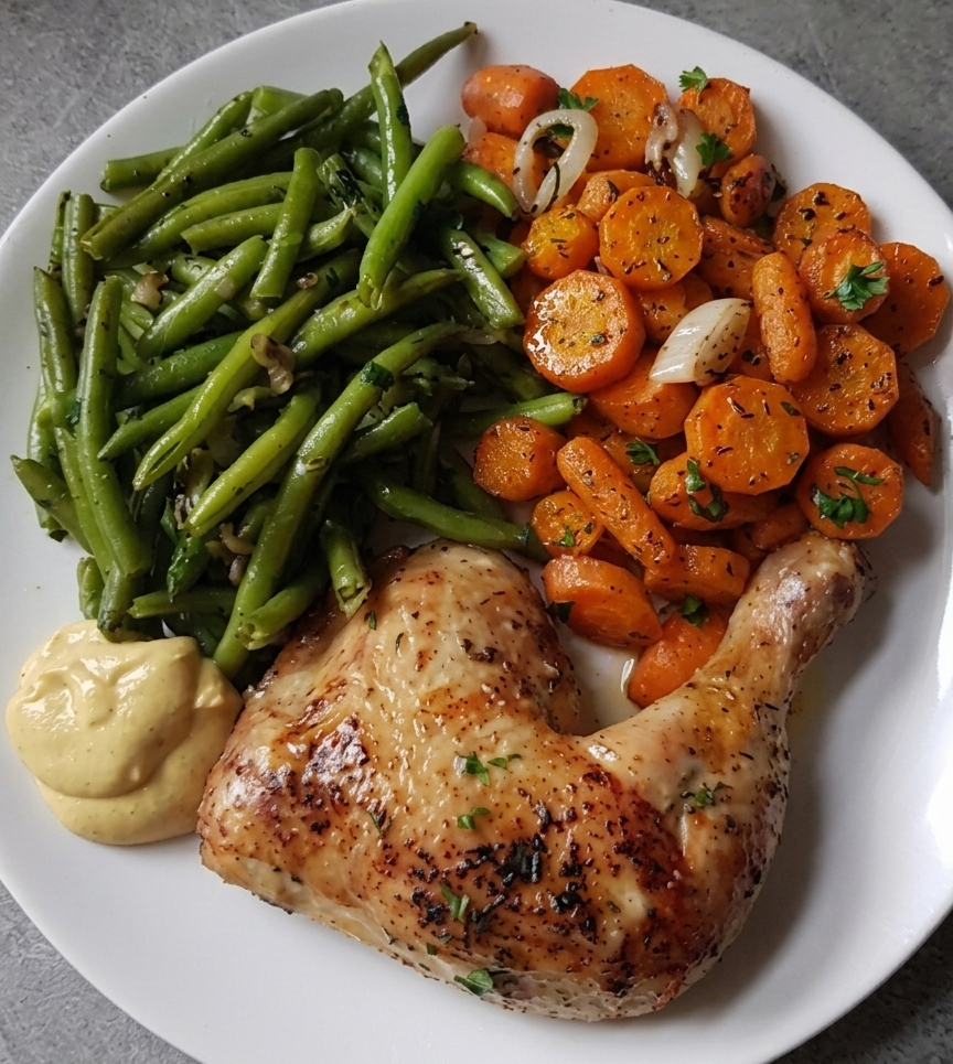 Recette de repas complet à l'air fryer : Cuisse de poulet rôtie, carottes et haricots verts