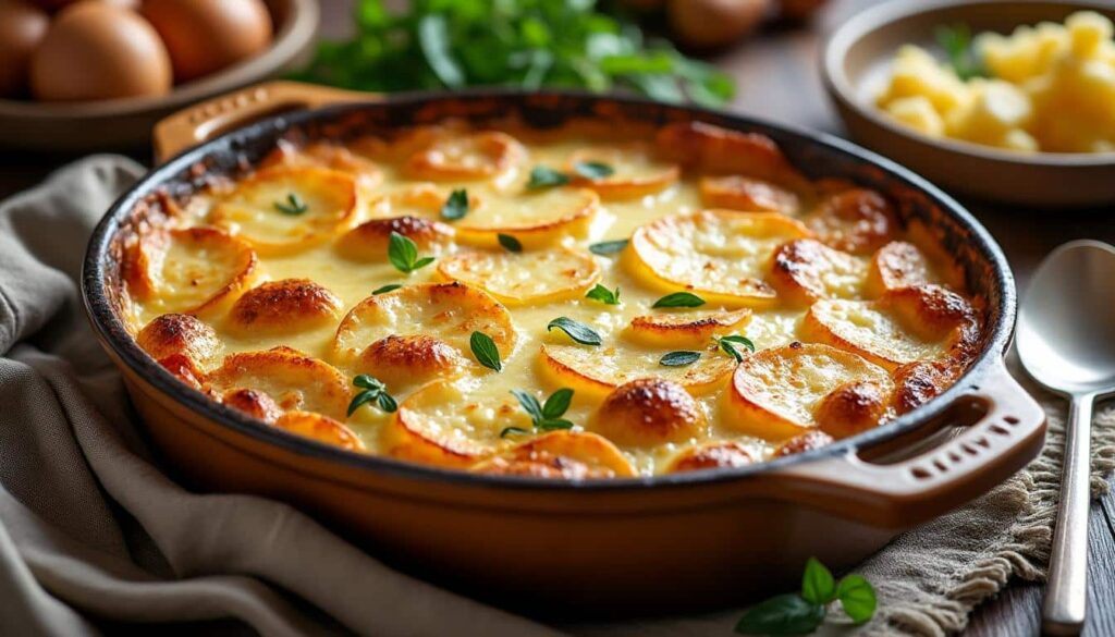 Gratin de pommes de terre dorées avec fromage et herbes, servi dans un plat en terre cuite, idéal pour une personne.