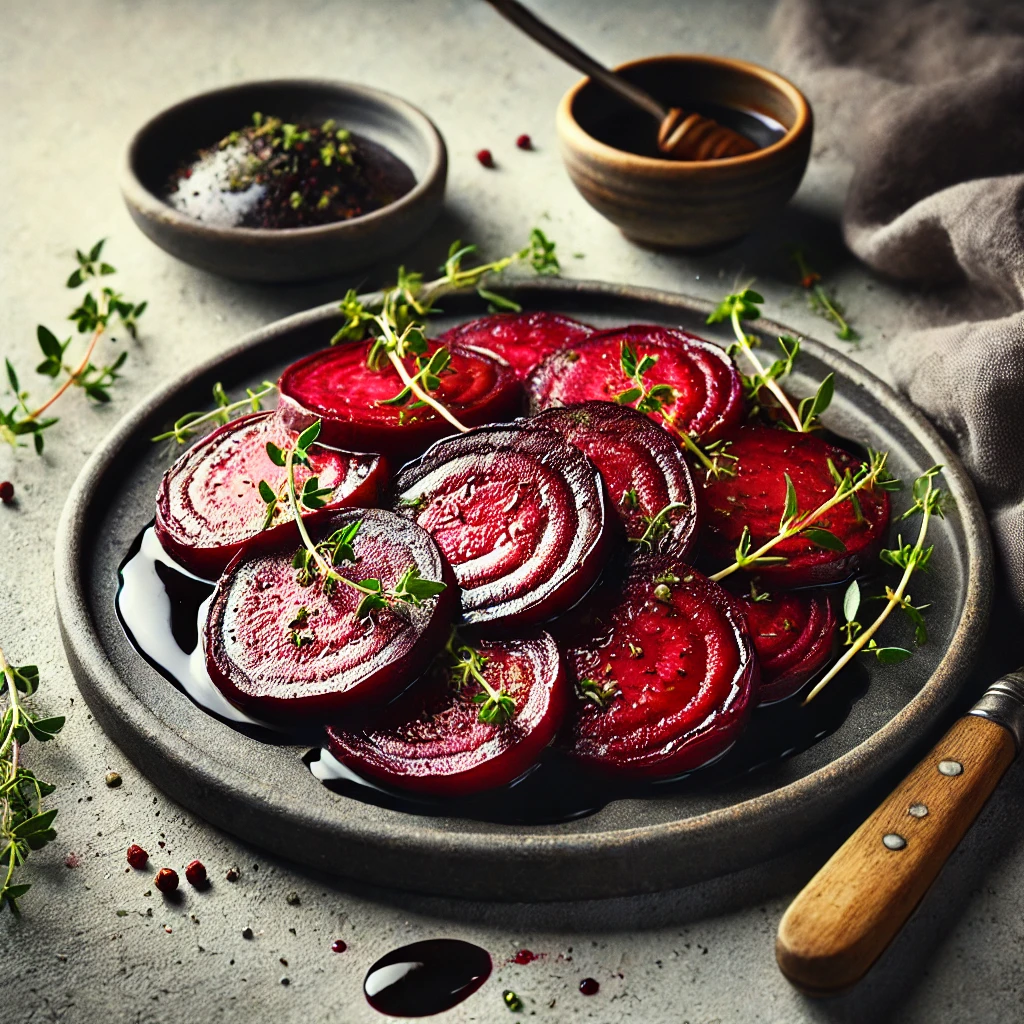 dall·e 2025 01 13 19.02.12 a rustic and appetizing photo of roasted beet slices served on a matte black plate. the beets are caramelized and glistening with a light coating of o